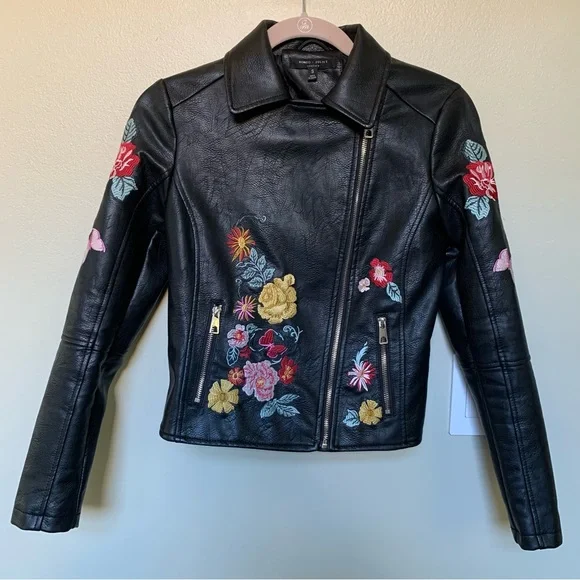 Romeo & Juliet Couture small Moto jacket black Faux Leather embroidered flowers - Picture 3 of 16